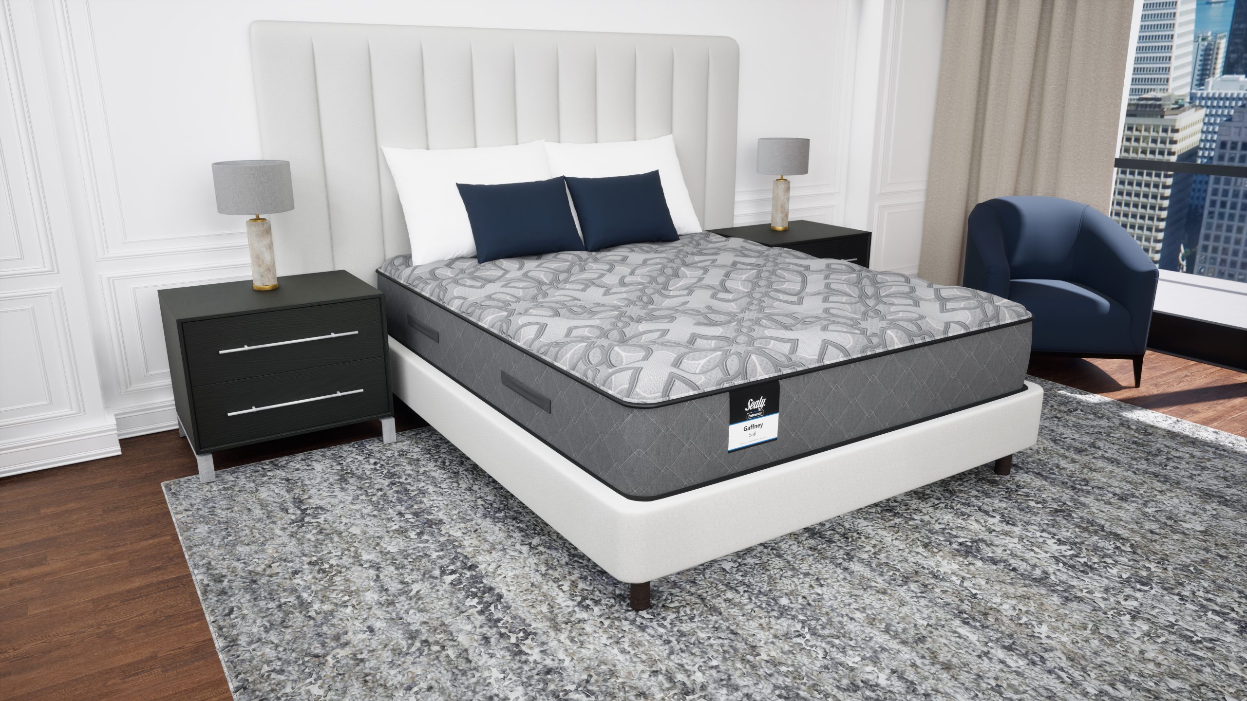Hotel guest room featuring a Tempur Sealy Hospitality mattress from the Gaffney Collection.